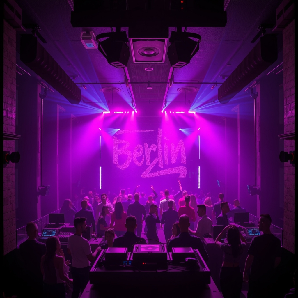 Underground industrial techno club interior in Berlin with dramatic lighting