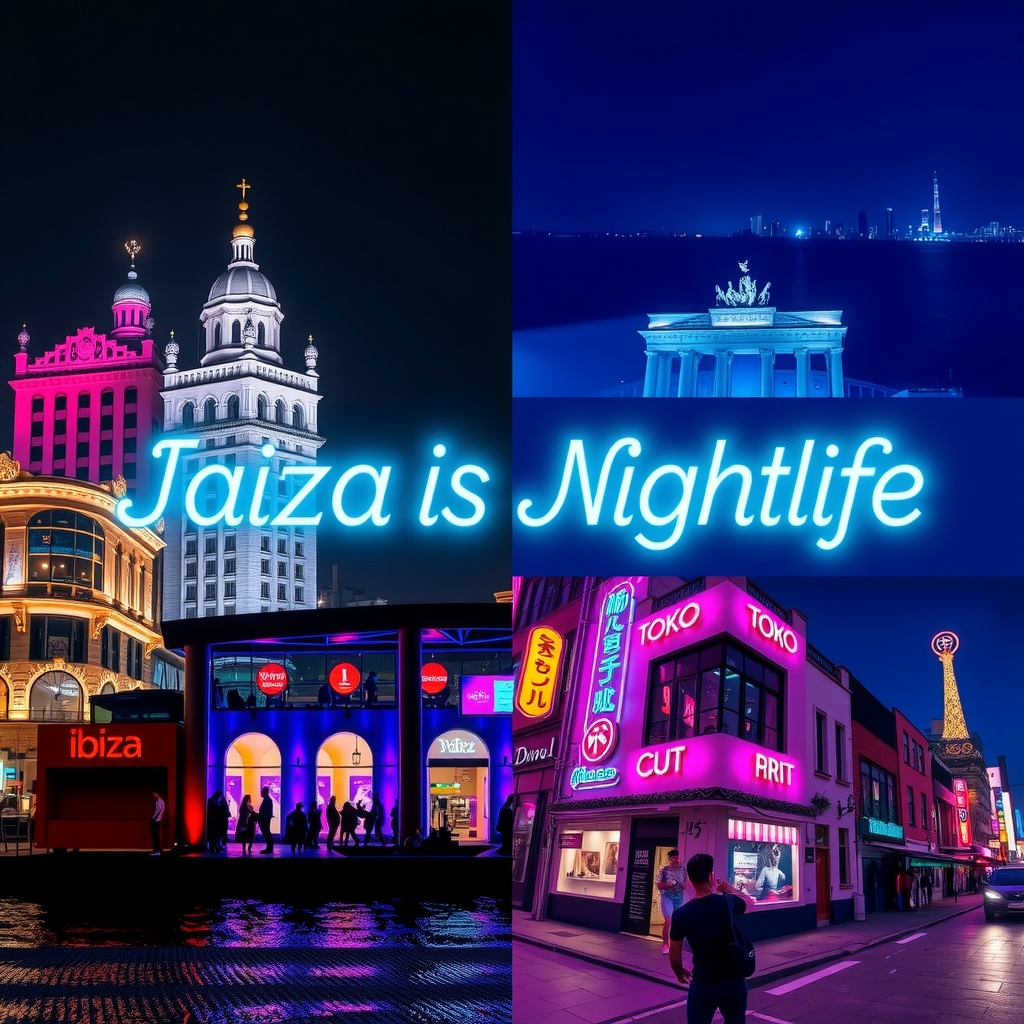Aerial collage of global nightlife destinations — Ibiza beach, Berlin industrial club, Miami skyline, and Tokyo neon streets