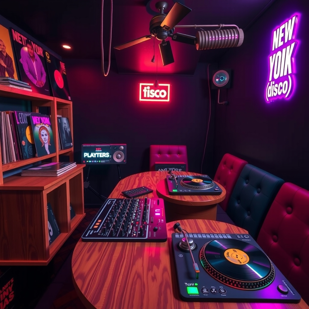 Vintage turntables and record crates evoking early 1970s Bronx DJ culture