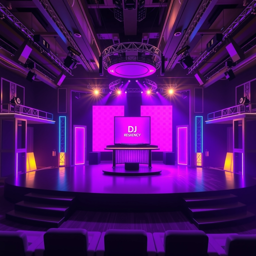 DJ performing during an Ibiza club residency night bathed in atmospheric purple stage lighting
