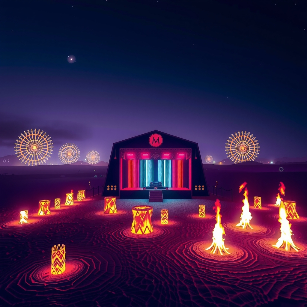 Decorated art car sound system blasting music at sunrise across the Black Rock Desert at Burning Man