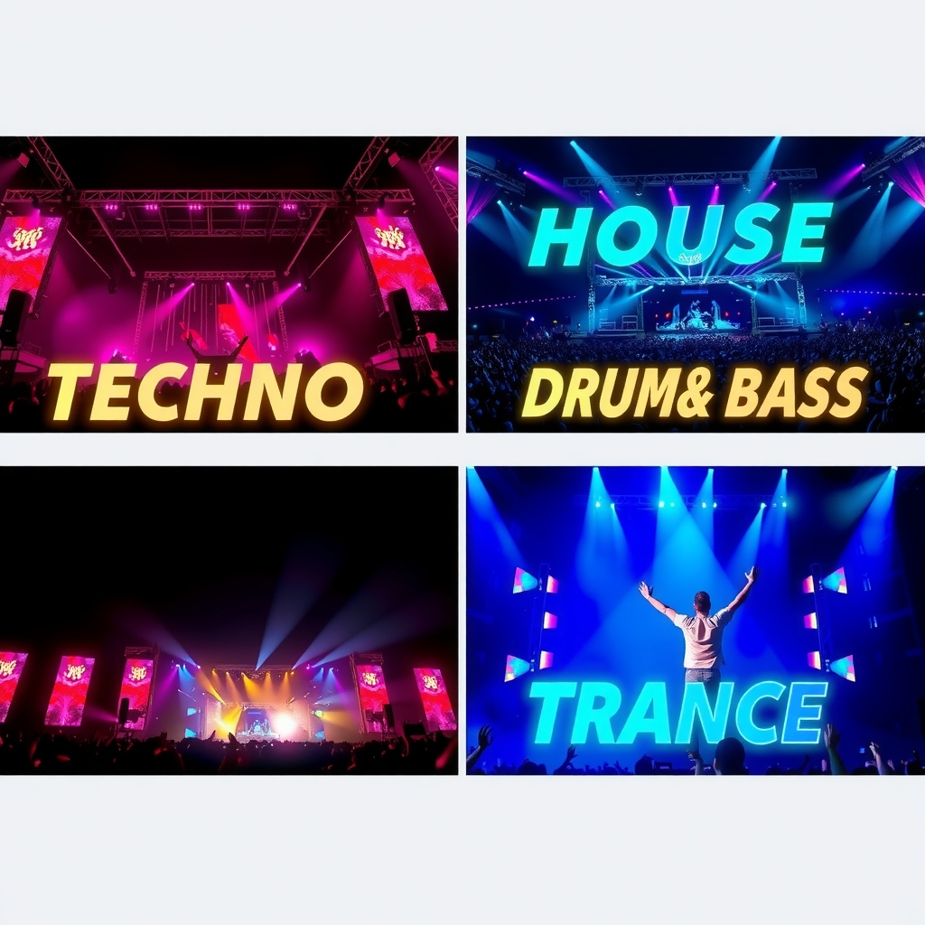 Collage of electronic music festival stages spanning techno, house, trance, and EDM genres