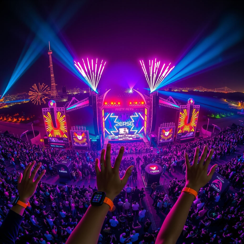 Massive outdoor electronic music festival crowd illuminated by sweeping laser lights at night