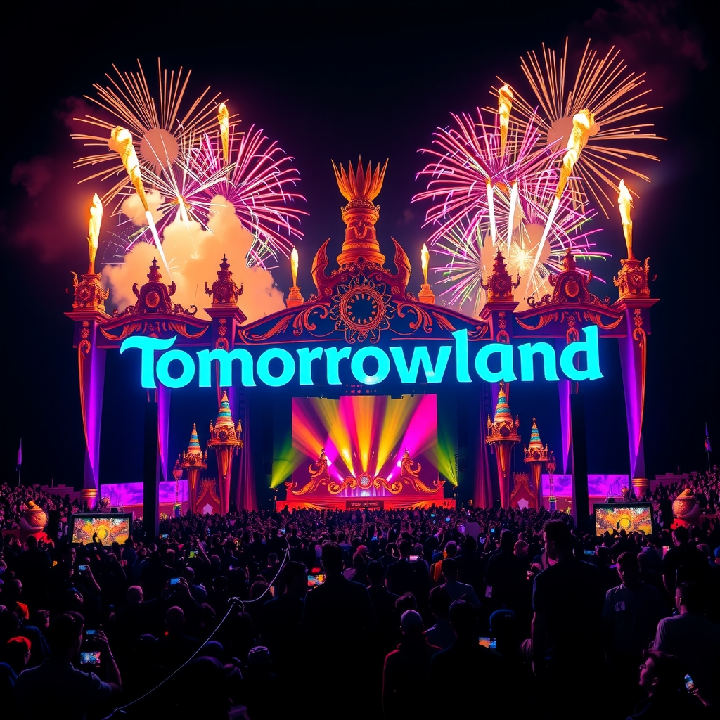 Tomorrowland's illuminated main stage amid fairytale decorations at night in Boom, Belgium