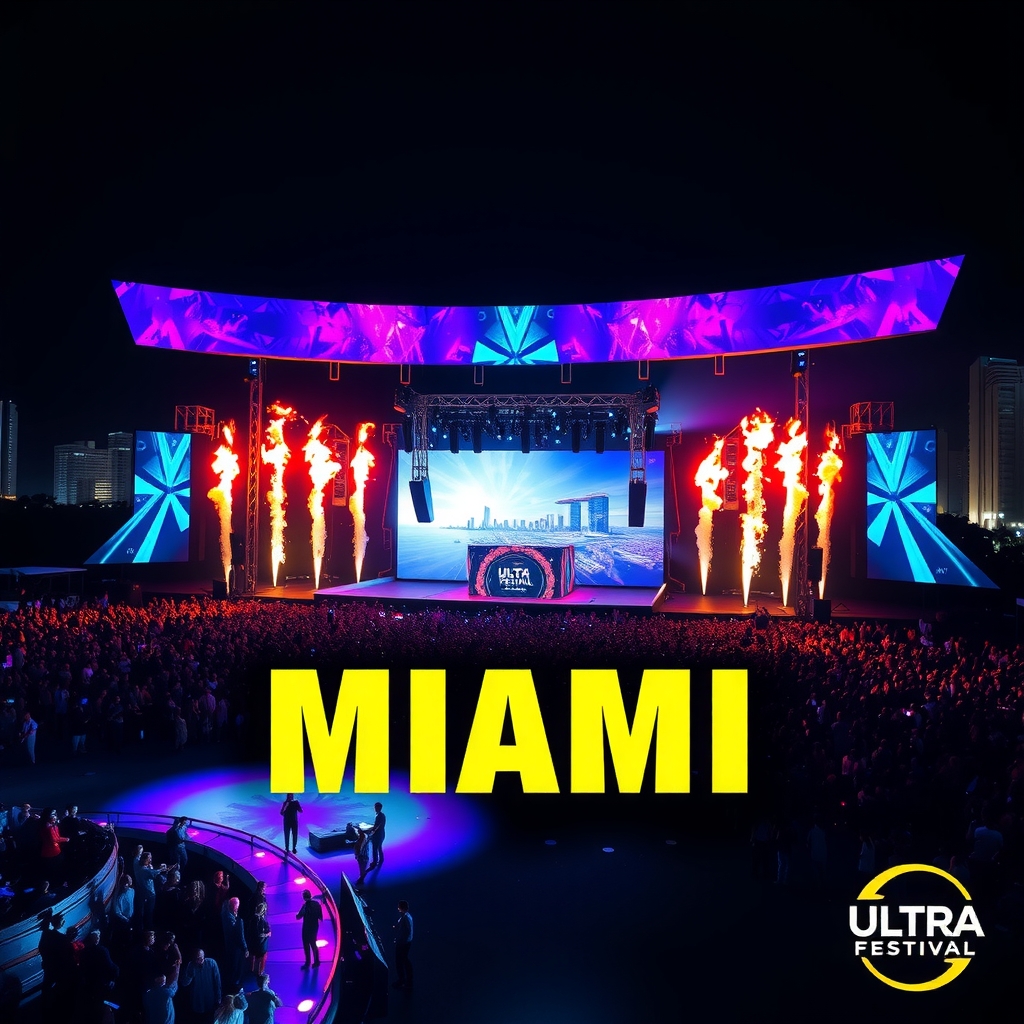Ultra Music Festival Miami mainstage erupting with pyrotechnics over Bayfront Park at night
