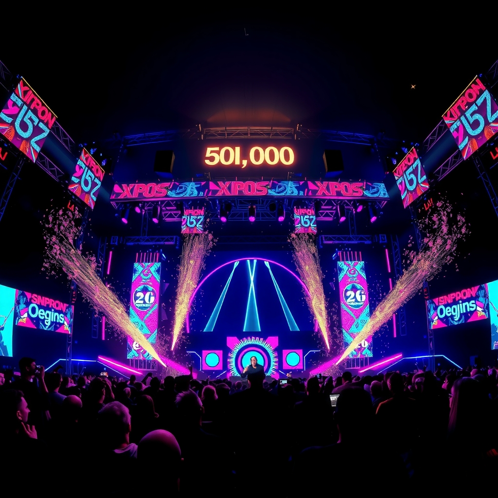 World-famous DJ performing on a massive festival mainstage with dramatic laser beams and pyrotechnics lighting the night sky