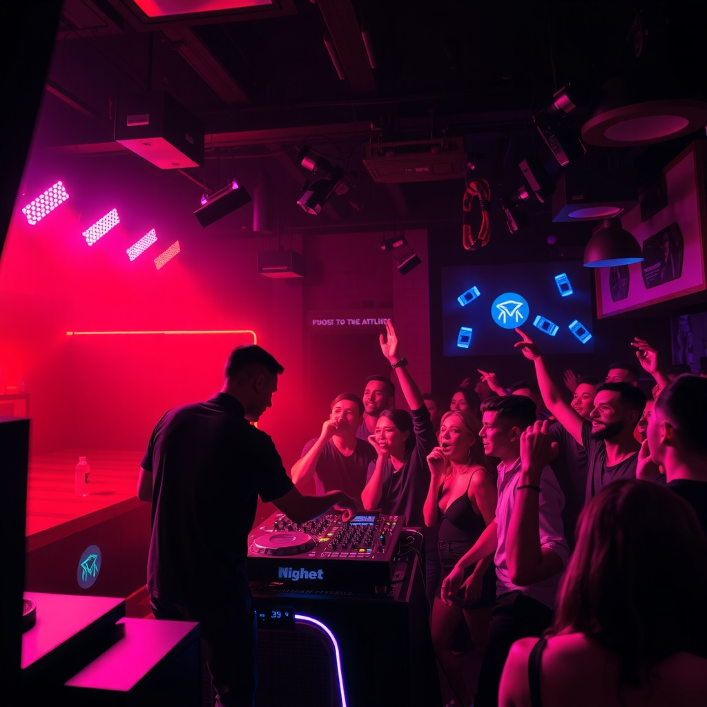 DJ delivering an intimate underground club set to a packed, euphoric crowd in a dimly lit venue