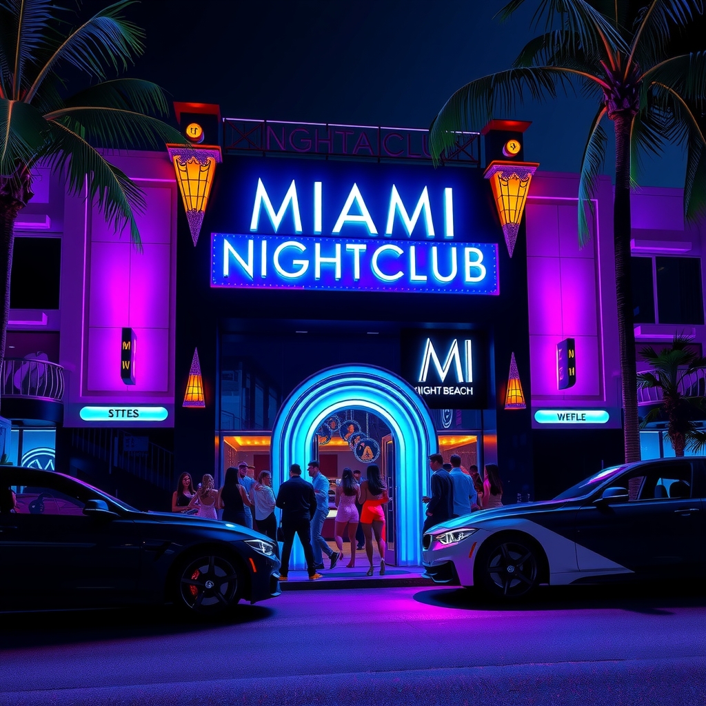 Vibrant Miami nightclub interior glowing with neon lights and a packed dancefloor on South Beach