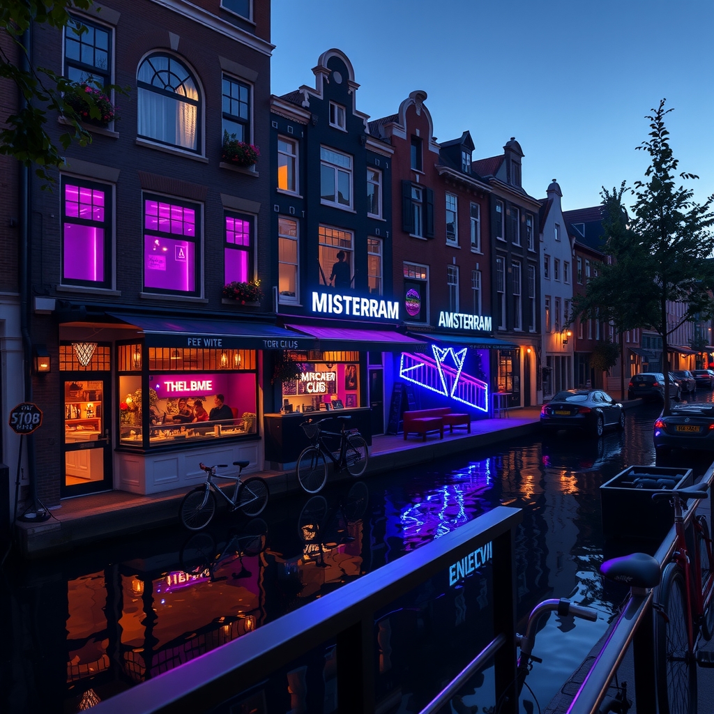 Atmospheric Amsterdam nightclub nestled beside a historic canal at dusk in the city centre