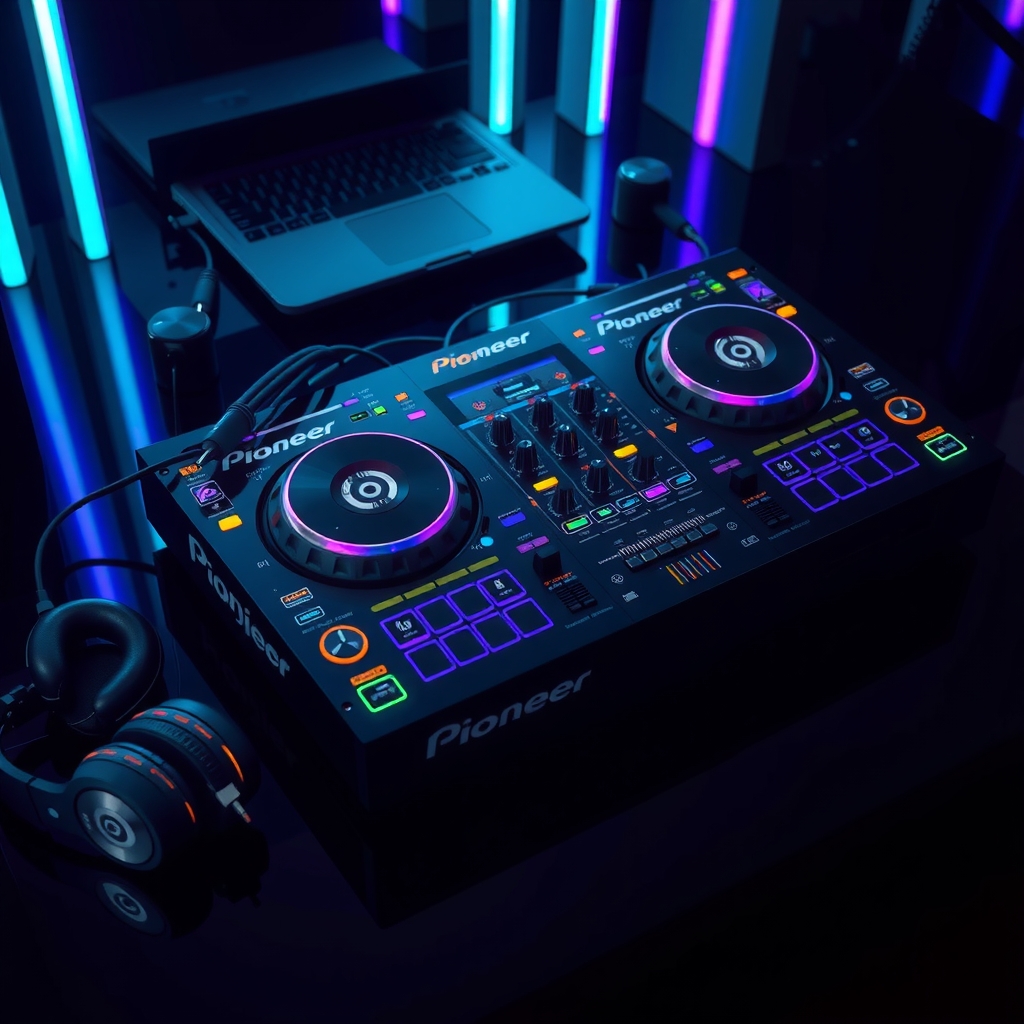 Close-up artistic shot of professional DJ equipment — turntables, mixer, and glowing controller set up in a studio