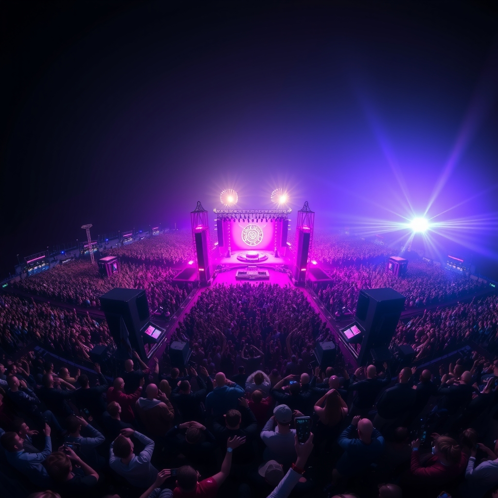 Panoramic view of a massive DJ festival stage illuminated by sweeping laser lights at night, crowd stretching to the horizon