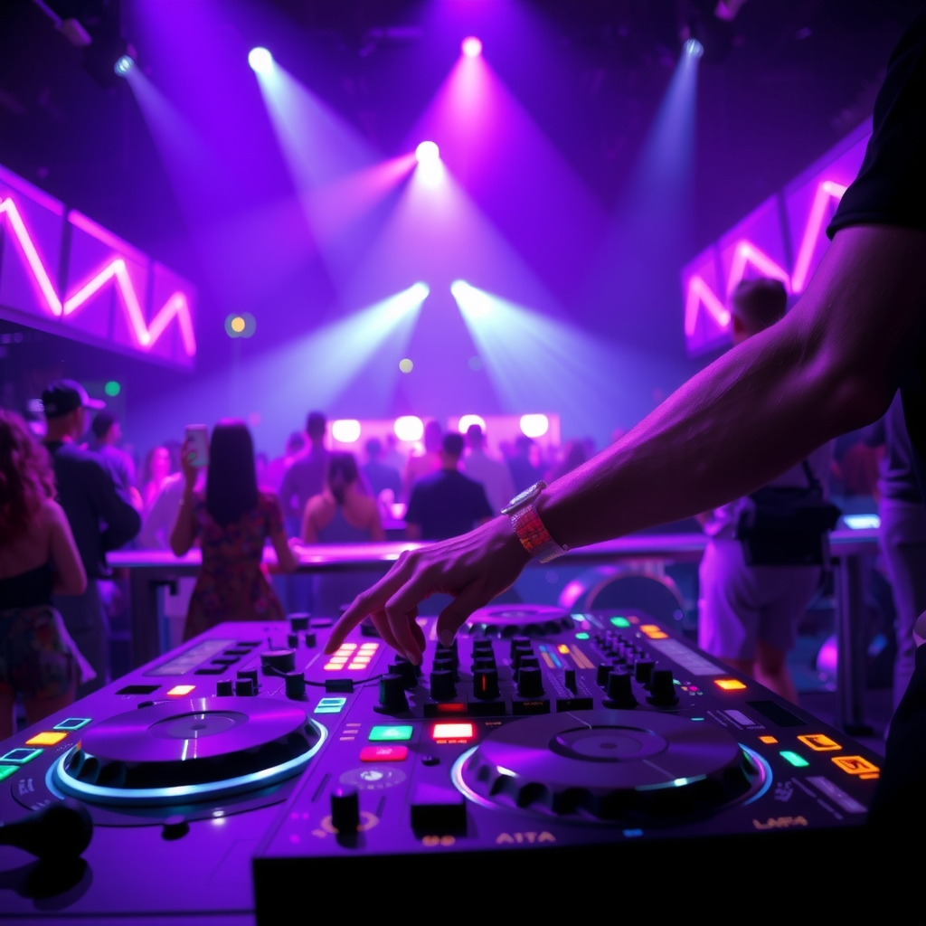 Martin Garrix performing live on stage under dramatic purple lighting