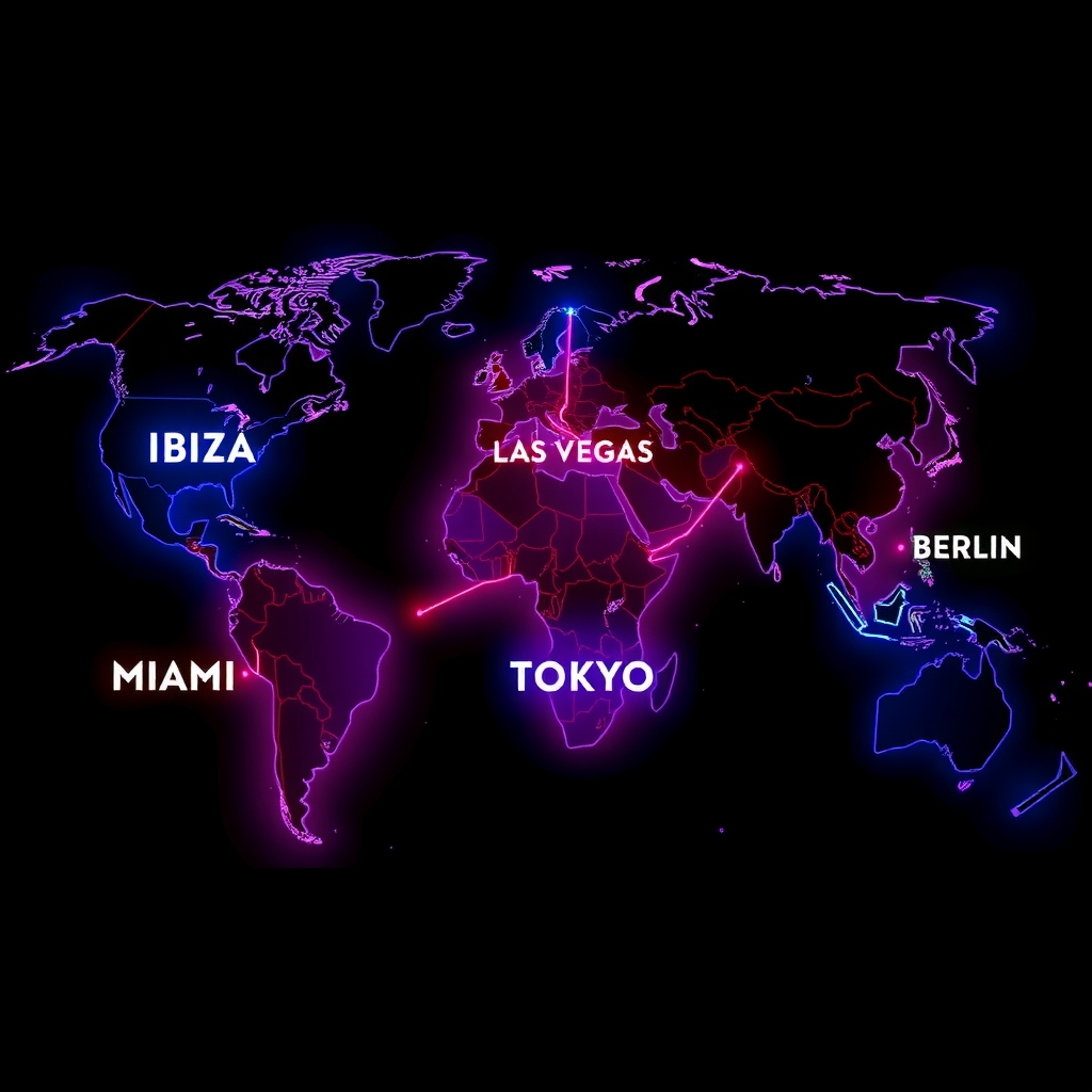 World map showing Tiësto's global tour destinations and residencies