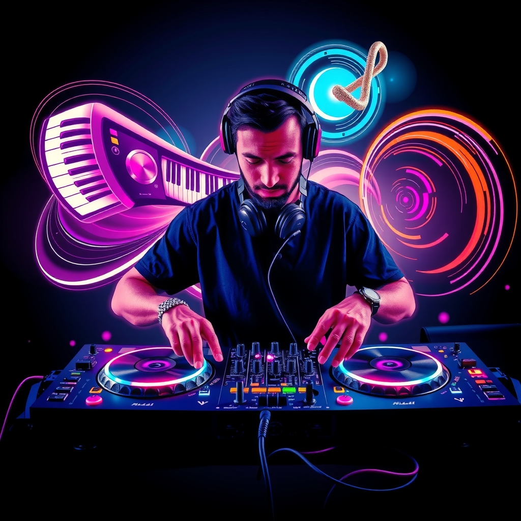 DJ performing on a large stage bathed in vivid purple and cyan light beams above a packed crowd