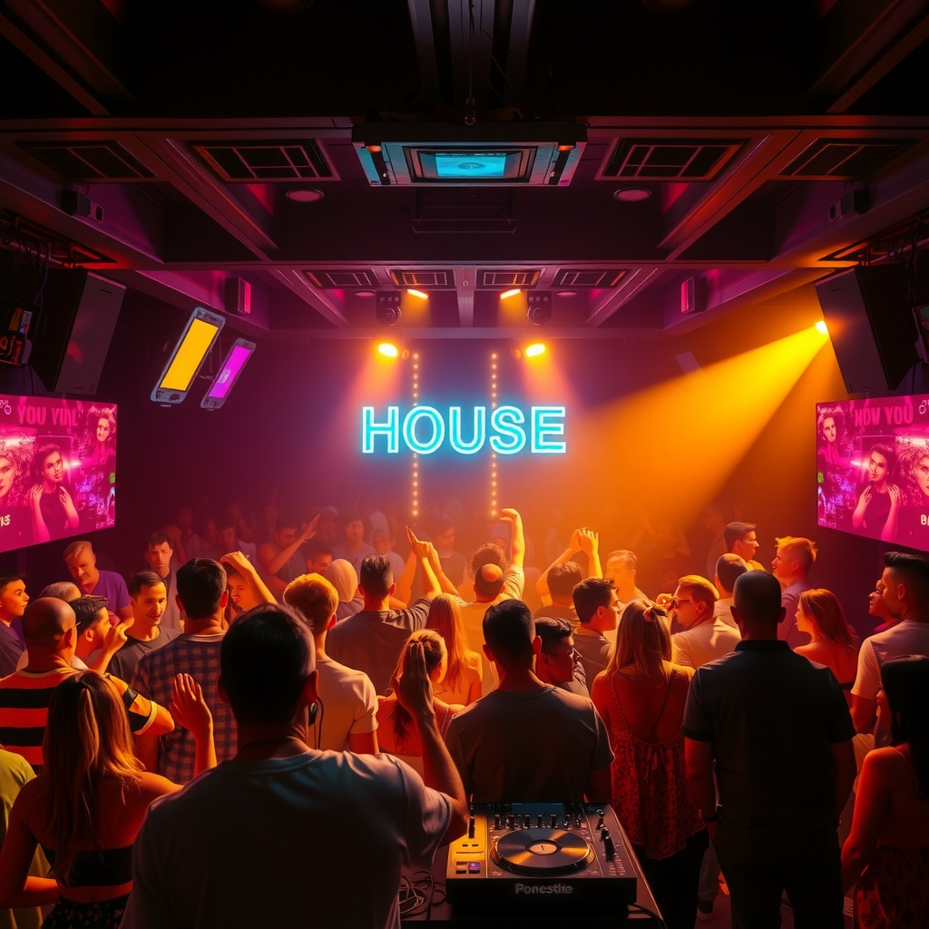 Packed dance floor at a house music club glowing with warm amber and golden lighting