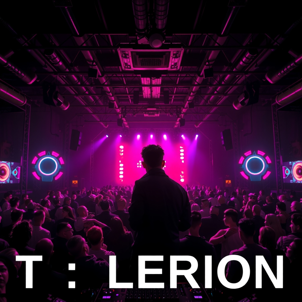 Industrial techno rave with strobing white lights cutting through a dense crowd