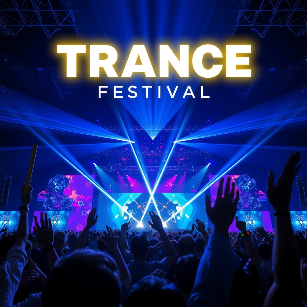 Trance festival mainstage with sweeping laser lights above thousands of raised hands