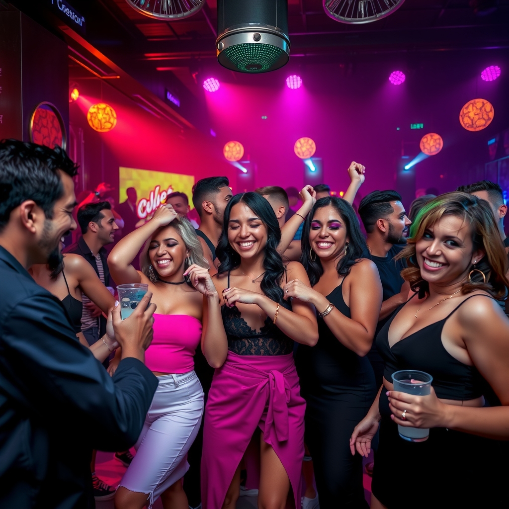 Clubbers dancing respectfully together on a dark dancefloor
