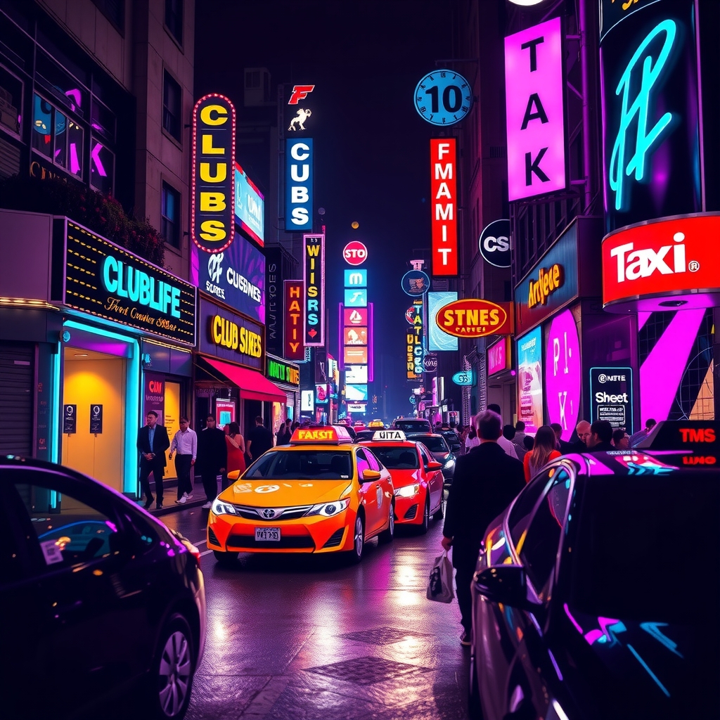 Vibrant neon-lit nightlife street scene with crowds outside clubs