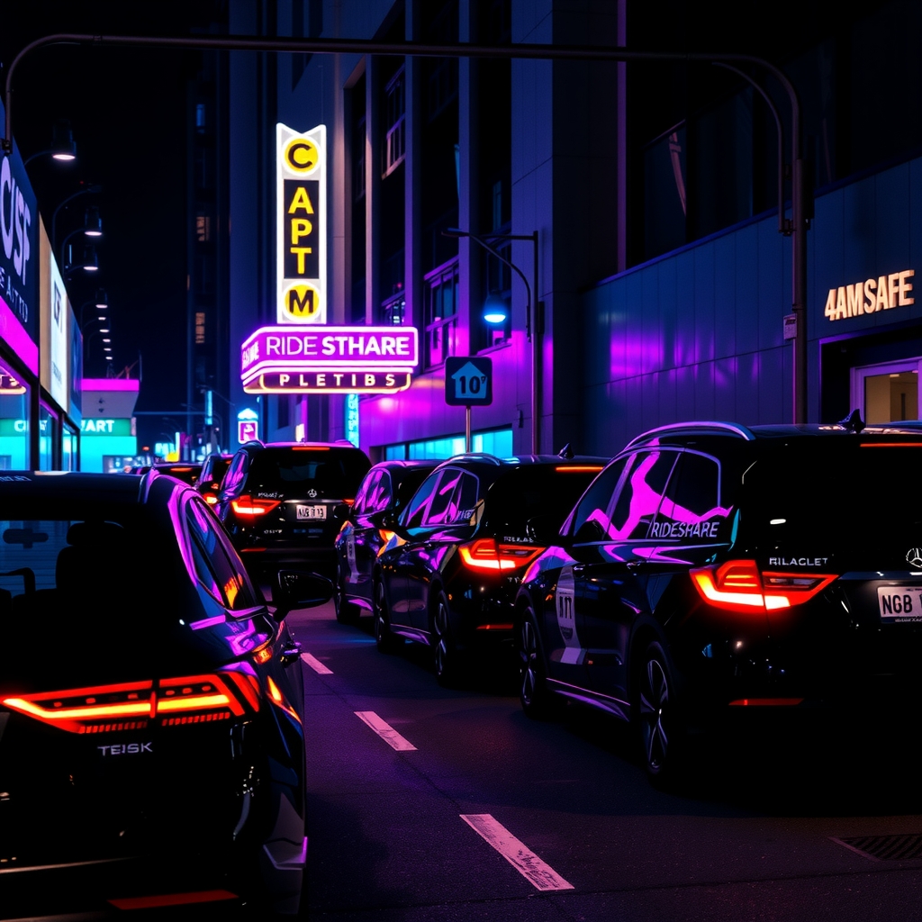 Late-night taxis lined up outside a busy nightclub entrance