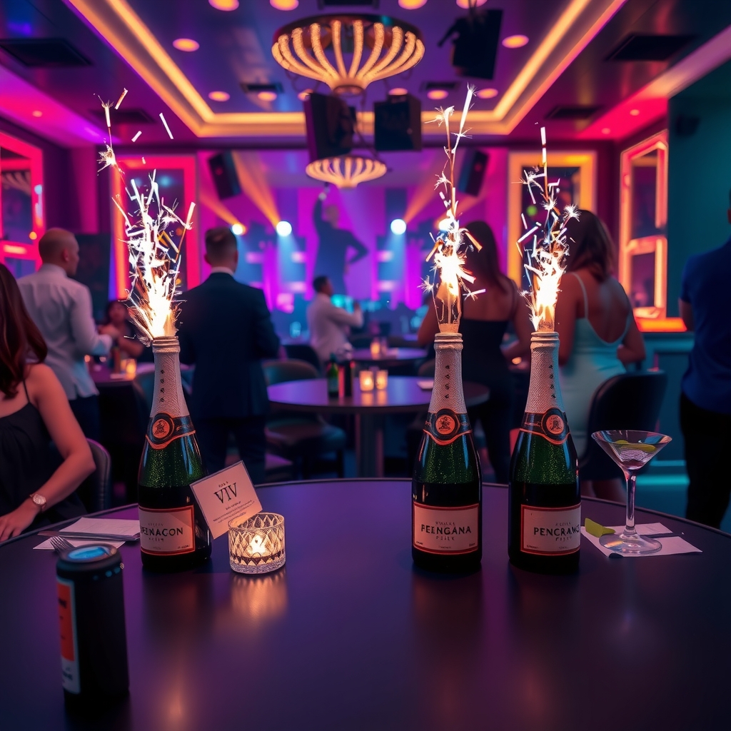Couple enjoying a VIP table at a luxury nightclub with panoramic city views and cocktails in hand
