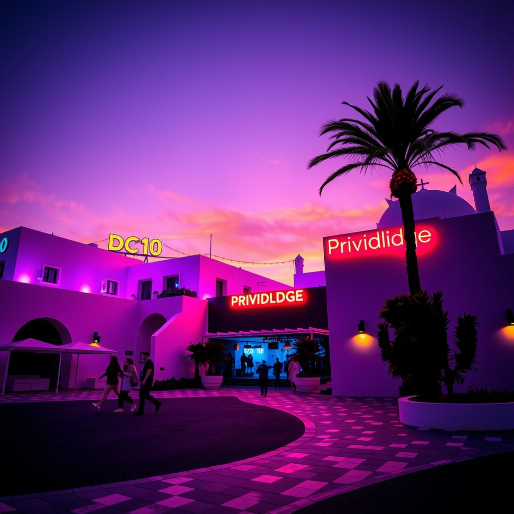 Open-air stage at Ushuaïa Ibiza illuminated in purple and blue neon at sunset with thousands of dancers