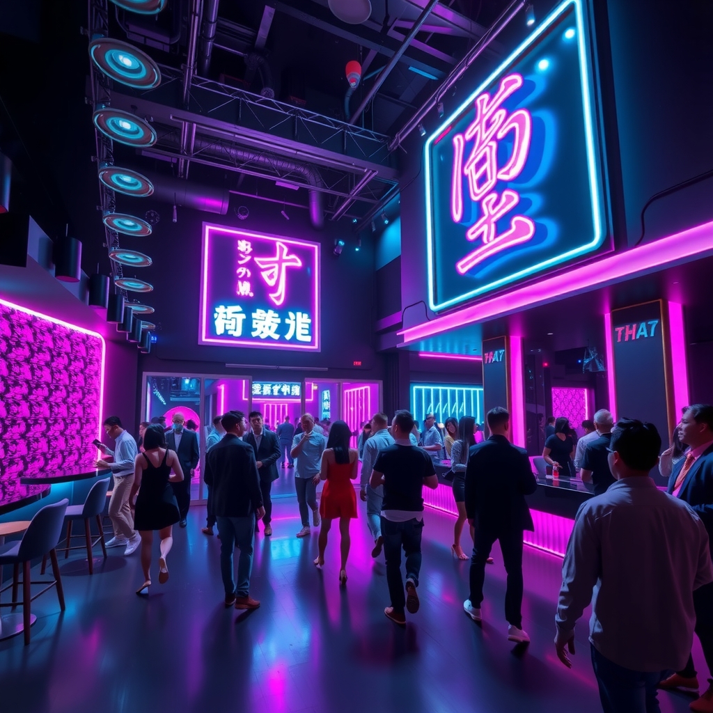 Womb Club Shibuya dancefloor bathed in neon light with a giant LED mirror ball overhead