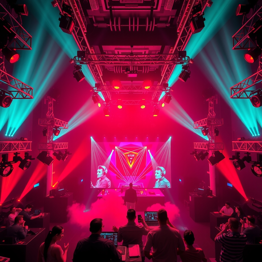 Interior of a packed nightclub bathed in purple light with a DJ performing on stage