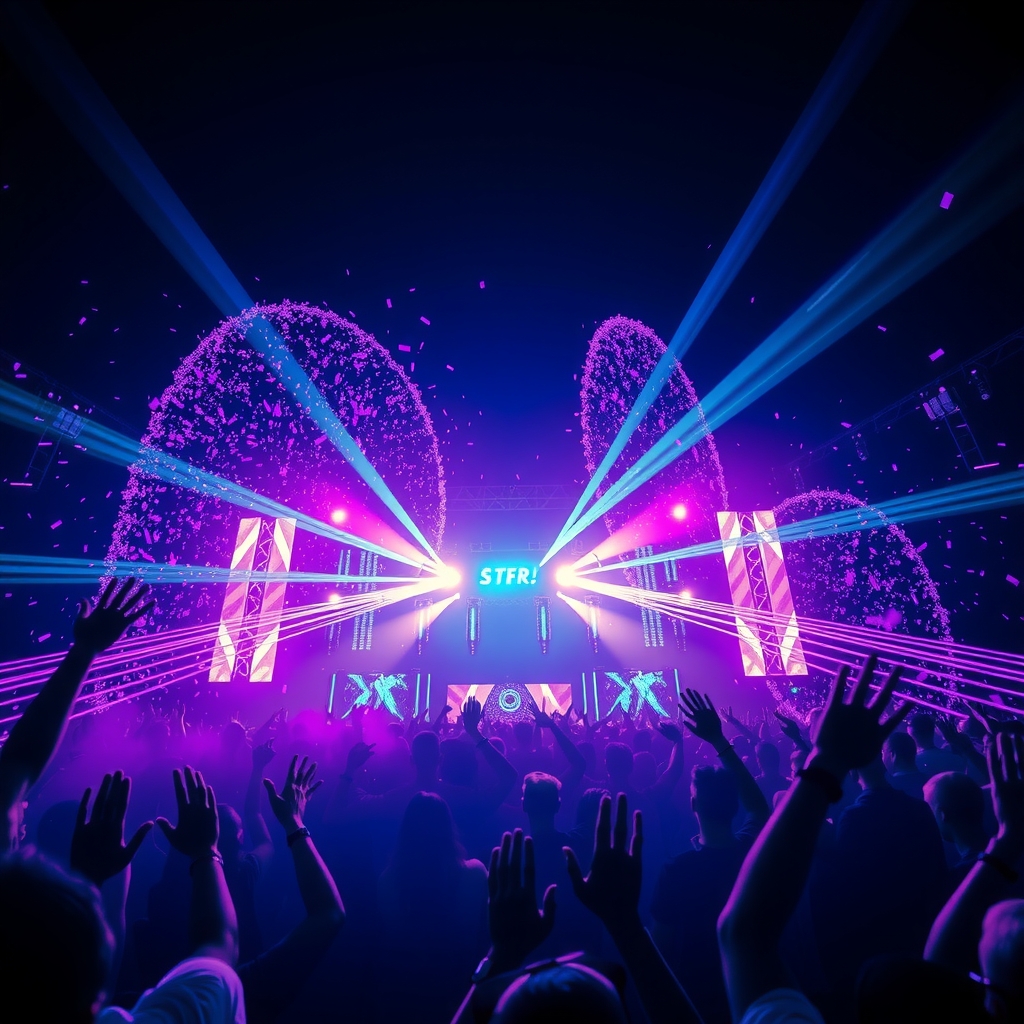 Packed festival crowd bathed in purple light under a towering stage at night
