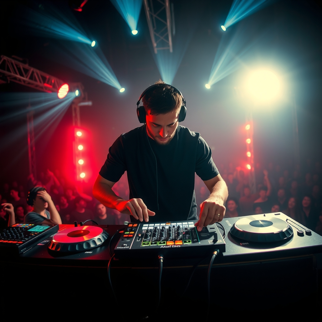 DJ performing at a packed festival stage with laser lights illuminating the crowd