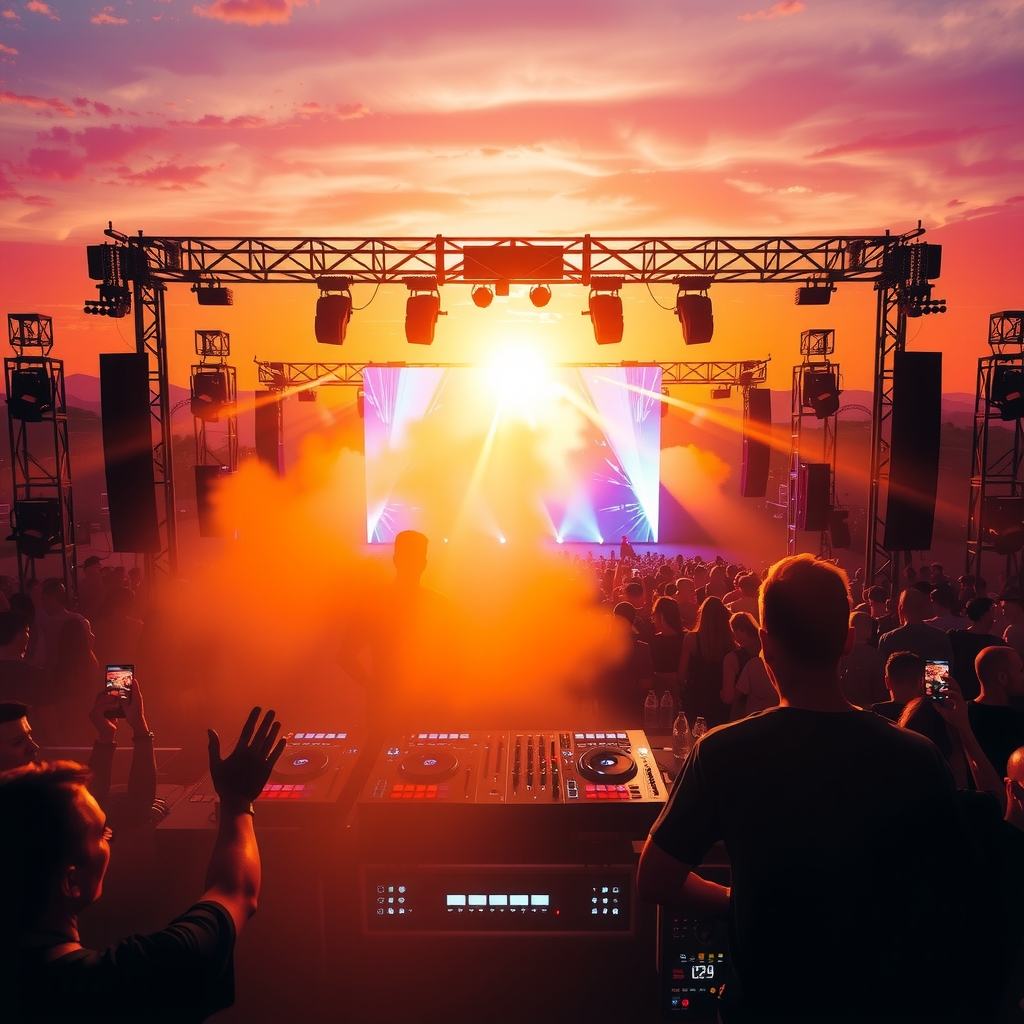 Iconic DJ set with a massive crowd and dramatic stage lighting