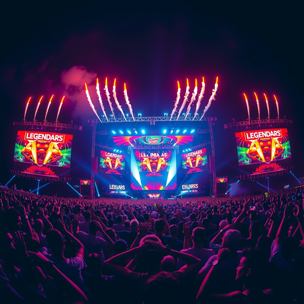 Enormous festival stage with a dramatic light show and a crowd stretching to the horizon