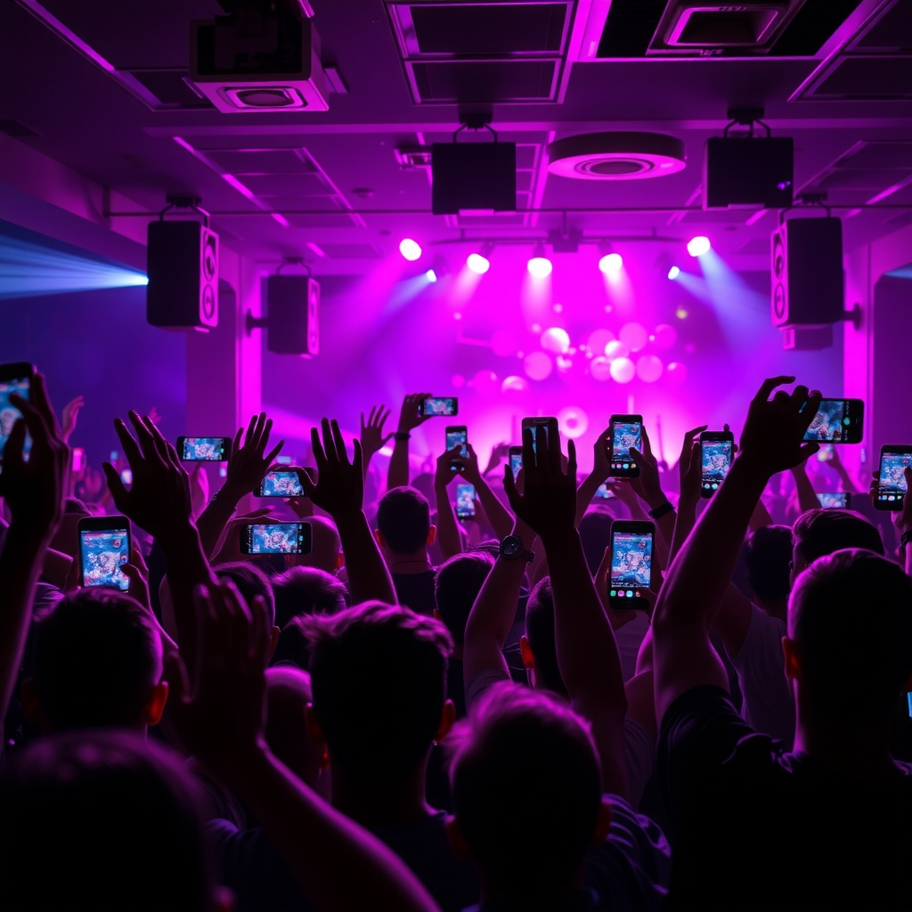 Crowd filming a viral moment at a DJ event on their smartphones