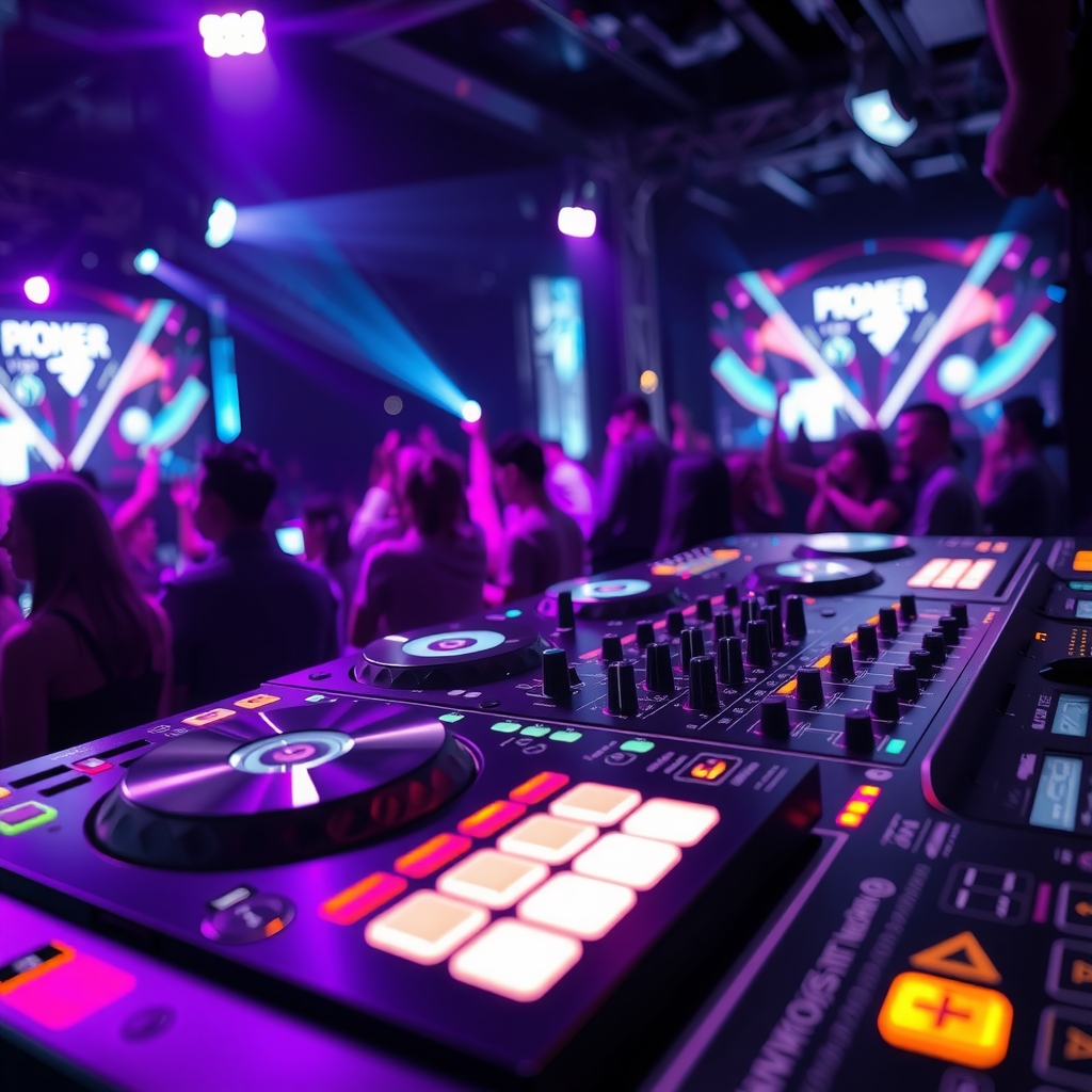 Close-up of a professional DJ mixing console and turntables in a premium club setting