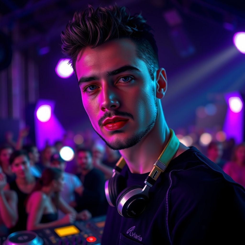 Martin Garrix commanding a massive EDM festival stage with vibrant lighting