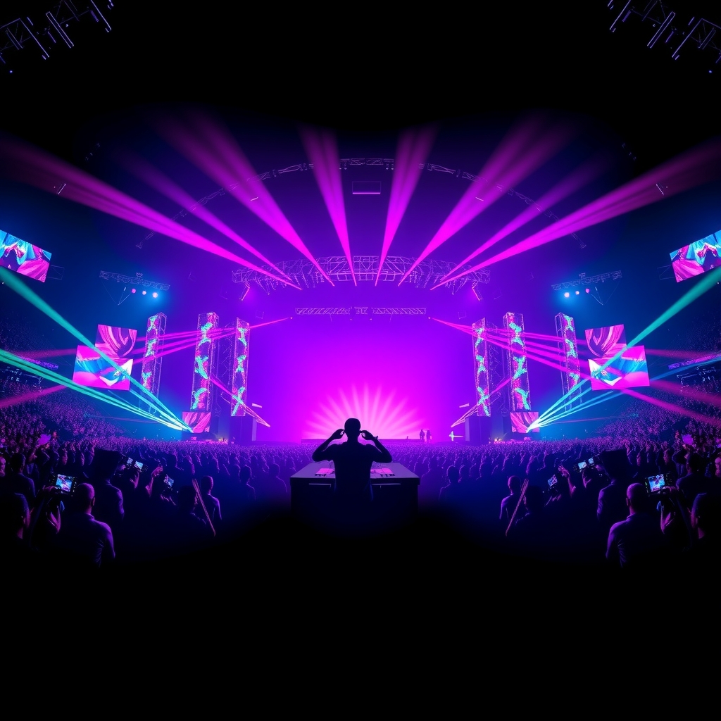 World-class DJ performing on a massive festival stage with an elaborate light and laser show
