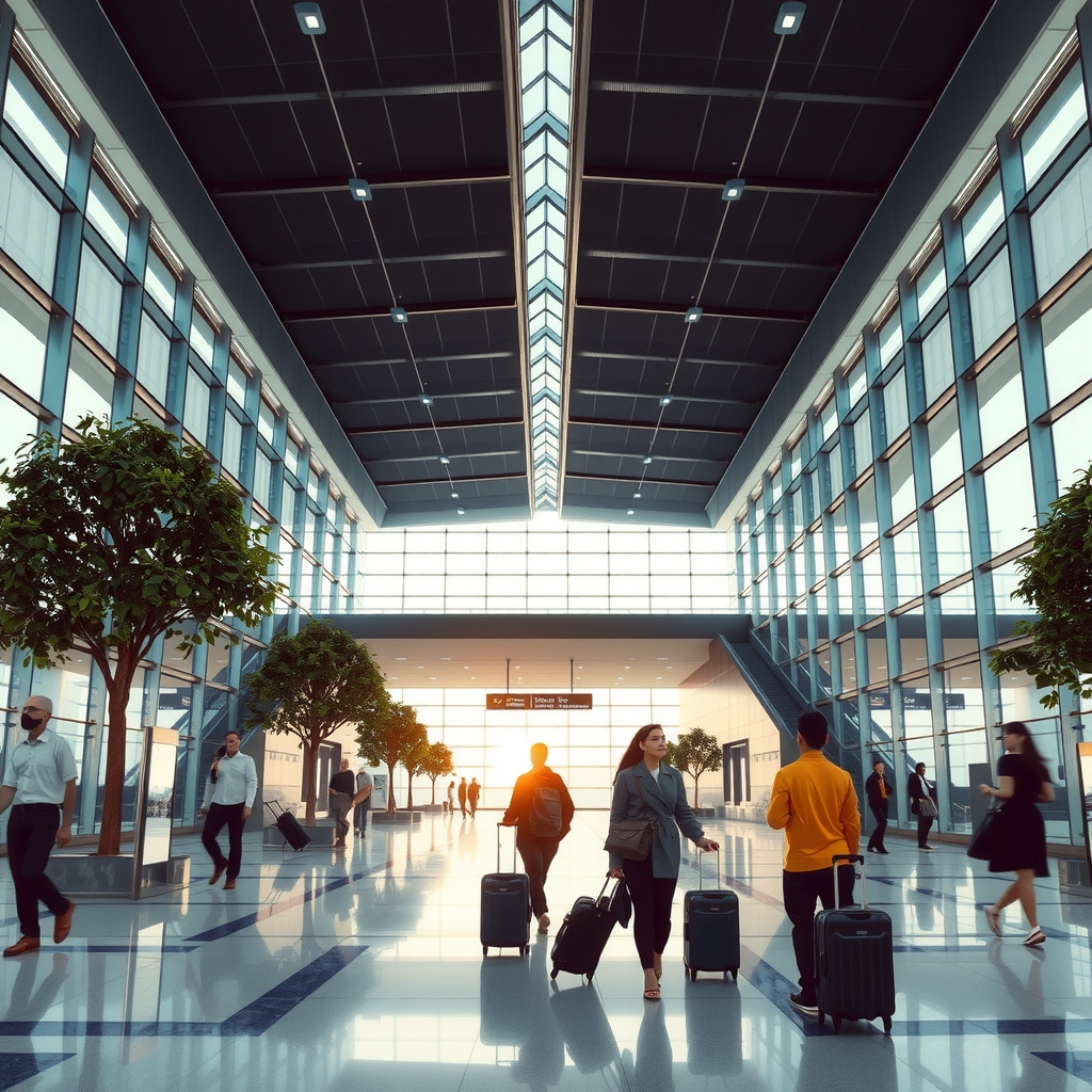 Stunning wide shot of a world-class airport terminal