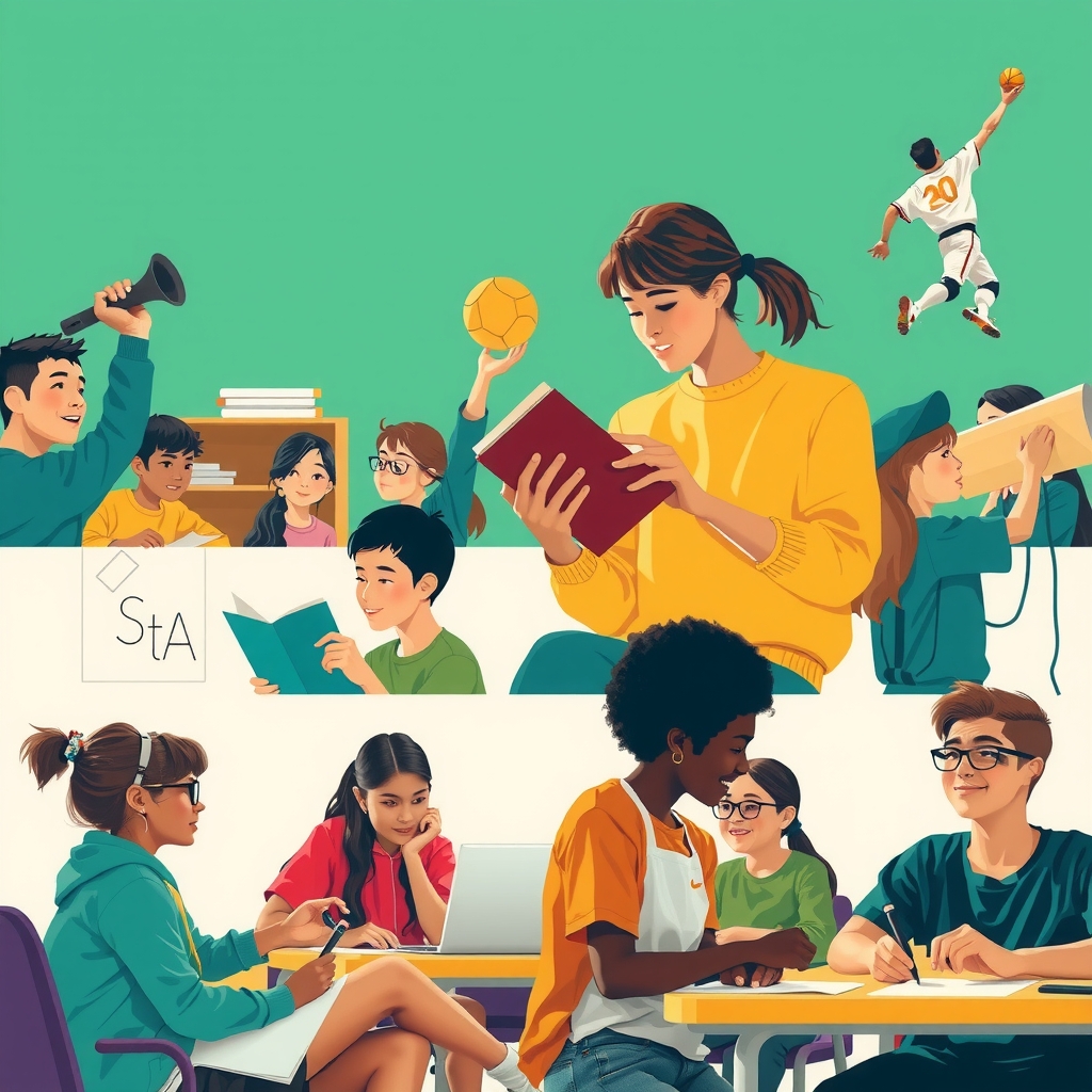 Imagen vibrante de estudiantes participando en actividades extracurriculares variadas