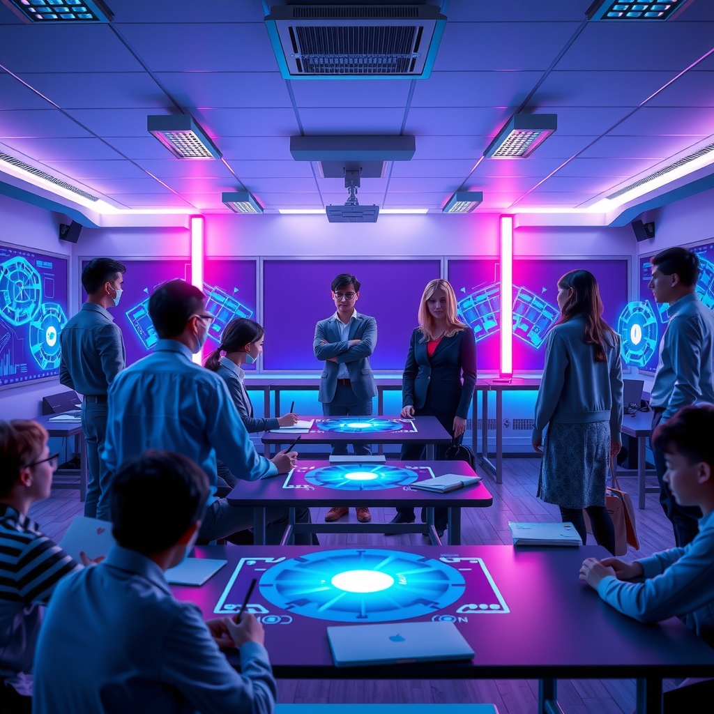Imagen hero principal mostrando educadores y estudiantes colaborando con interfaces de IA holográficas