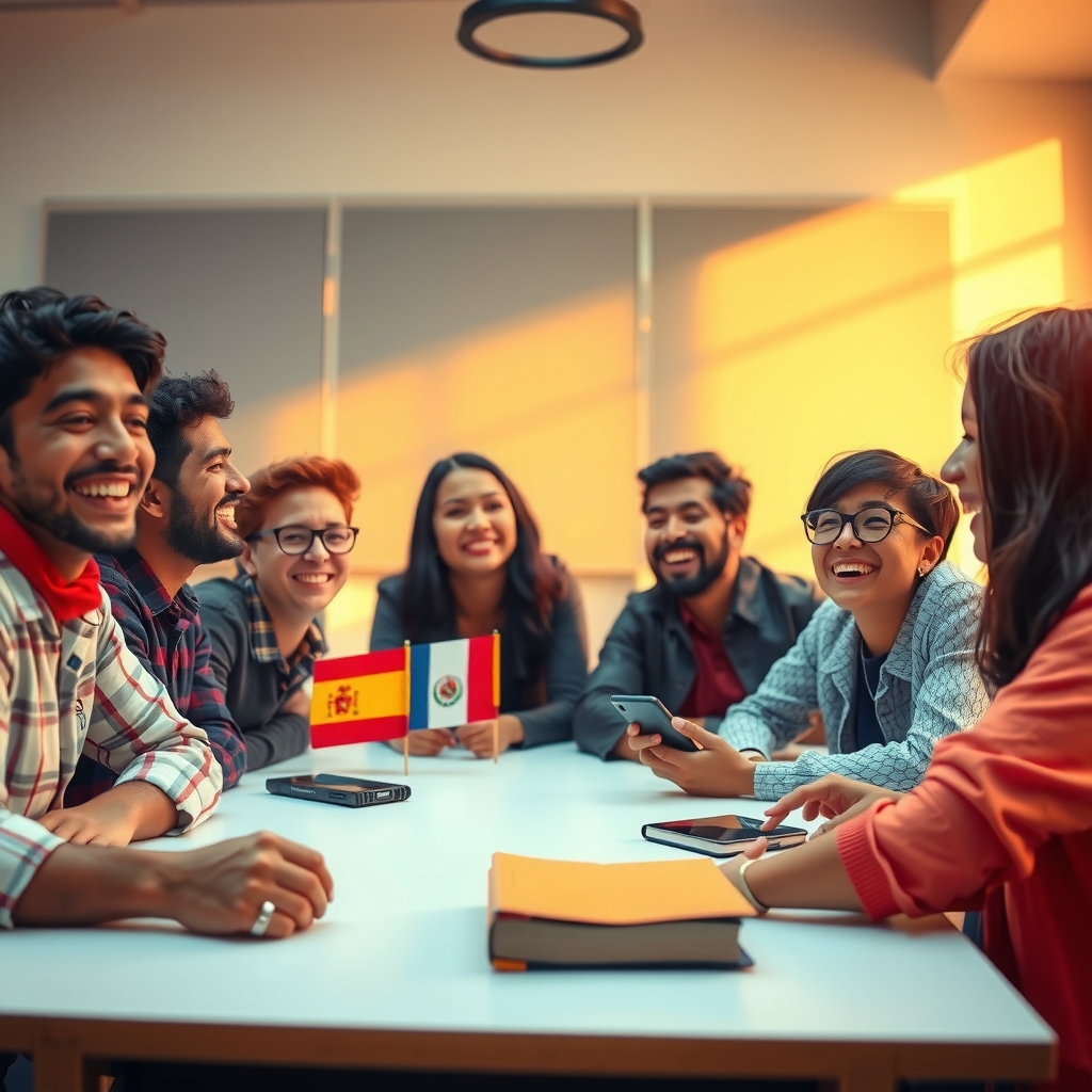 Hero del curso de español — grupo diverso y multicultural hablando y aprendiendo
