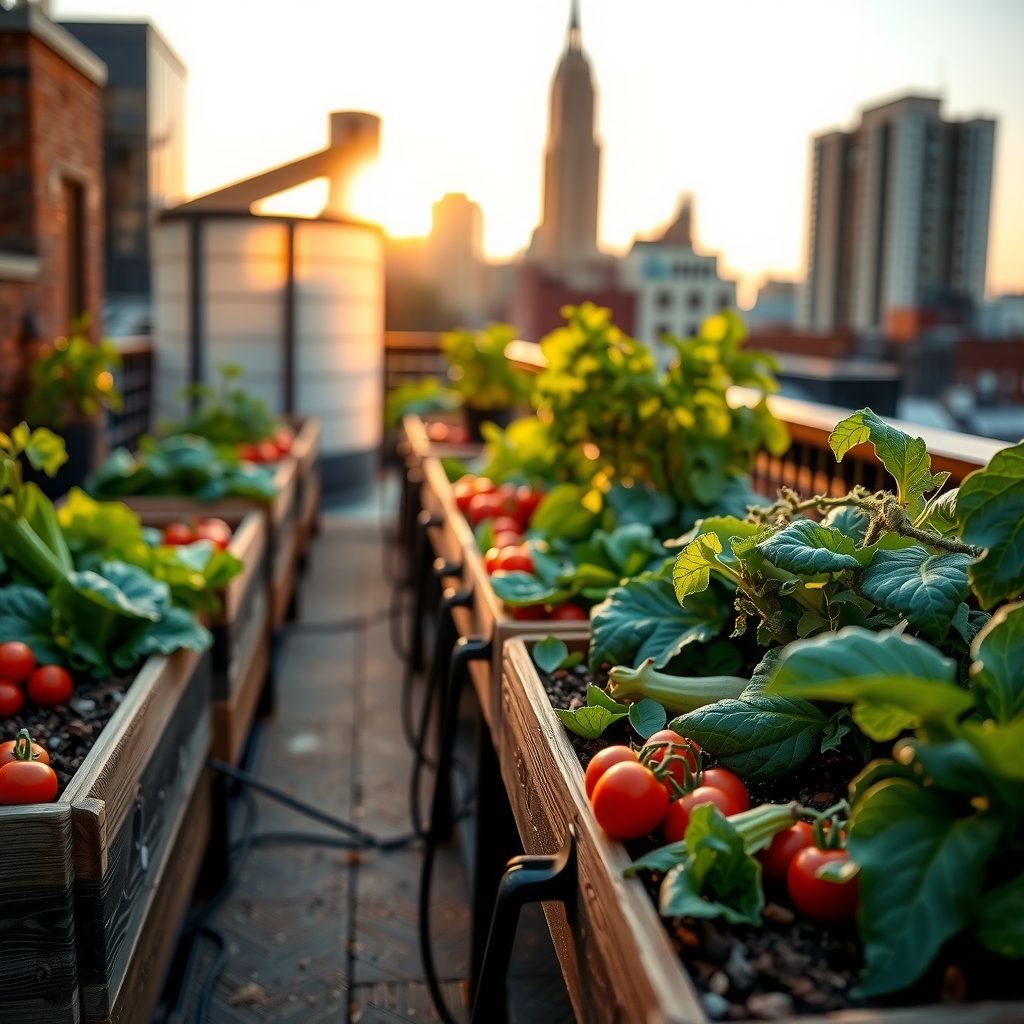 Hero banner showing a lush urban rooftop or balcony vegetable garden