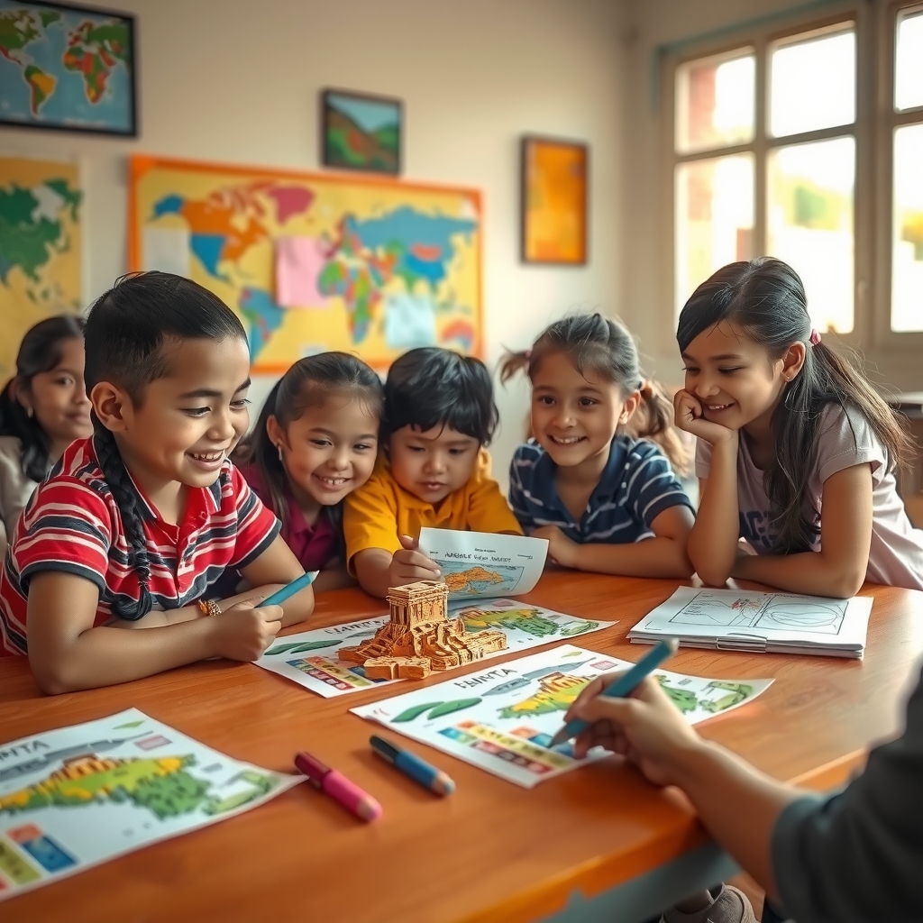 Niños participando en actividad interactiva de historia en el aula