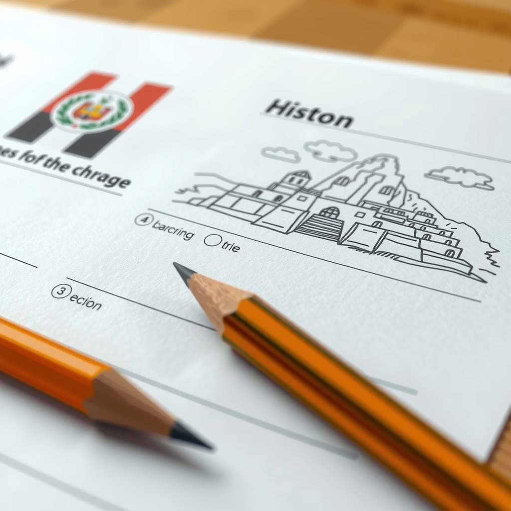 Hoja de examen de historia con preguntas ilustradas