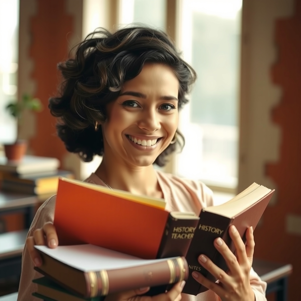 Sección bienvenida: maestra peruana sonriendo con libros en mano