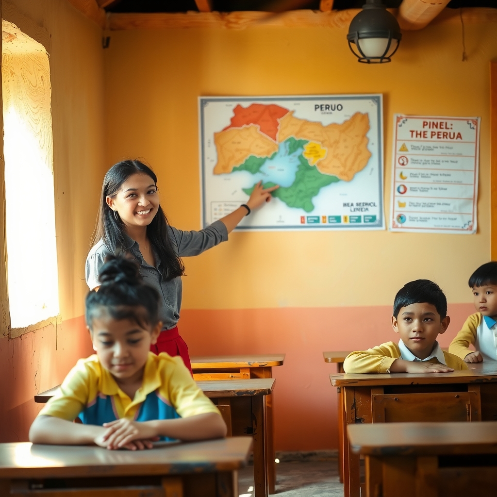 Hero principal: docente peruana enseñando historia a niños en un aula luminosa
