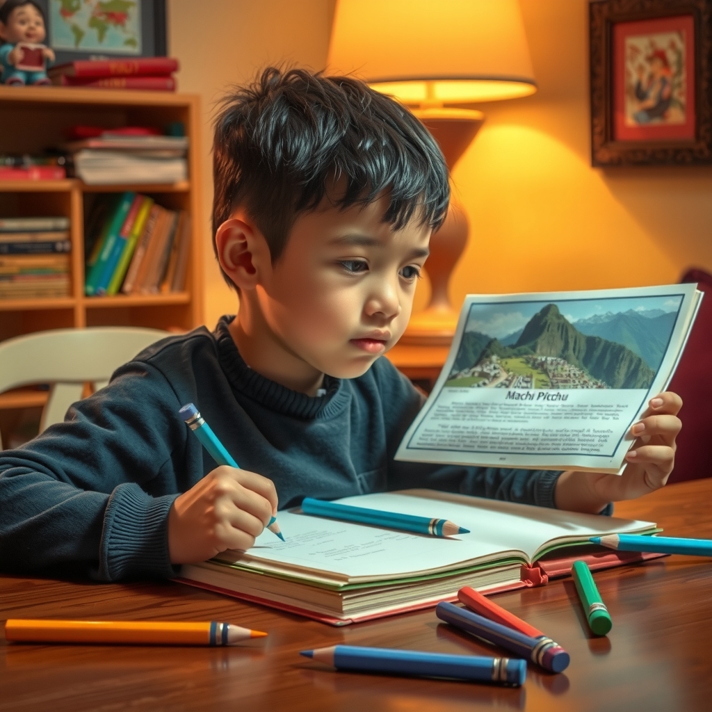 Niño haciendo tarea de historia en casa