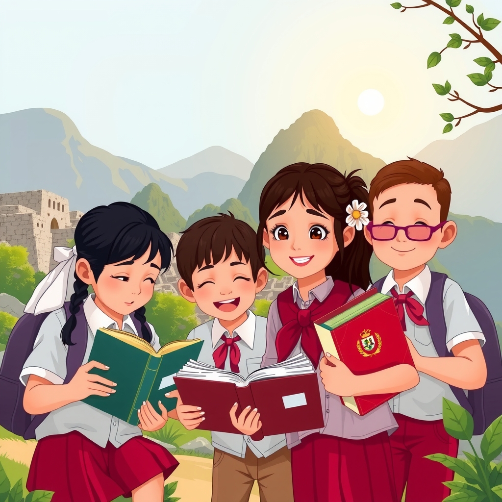 Banner principal con niños peruanos estudiando historia felices con Machu Picchu de fondo