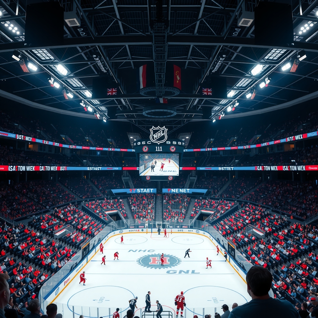 Hero background showing an NHL arena packed with fans and ice rink under bright lights