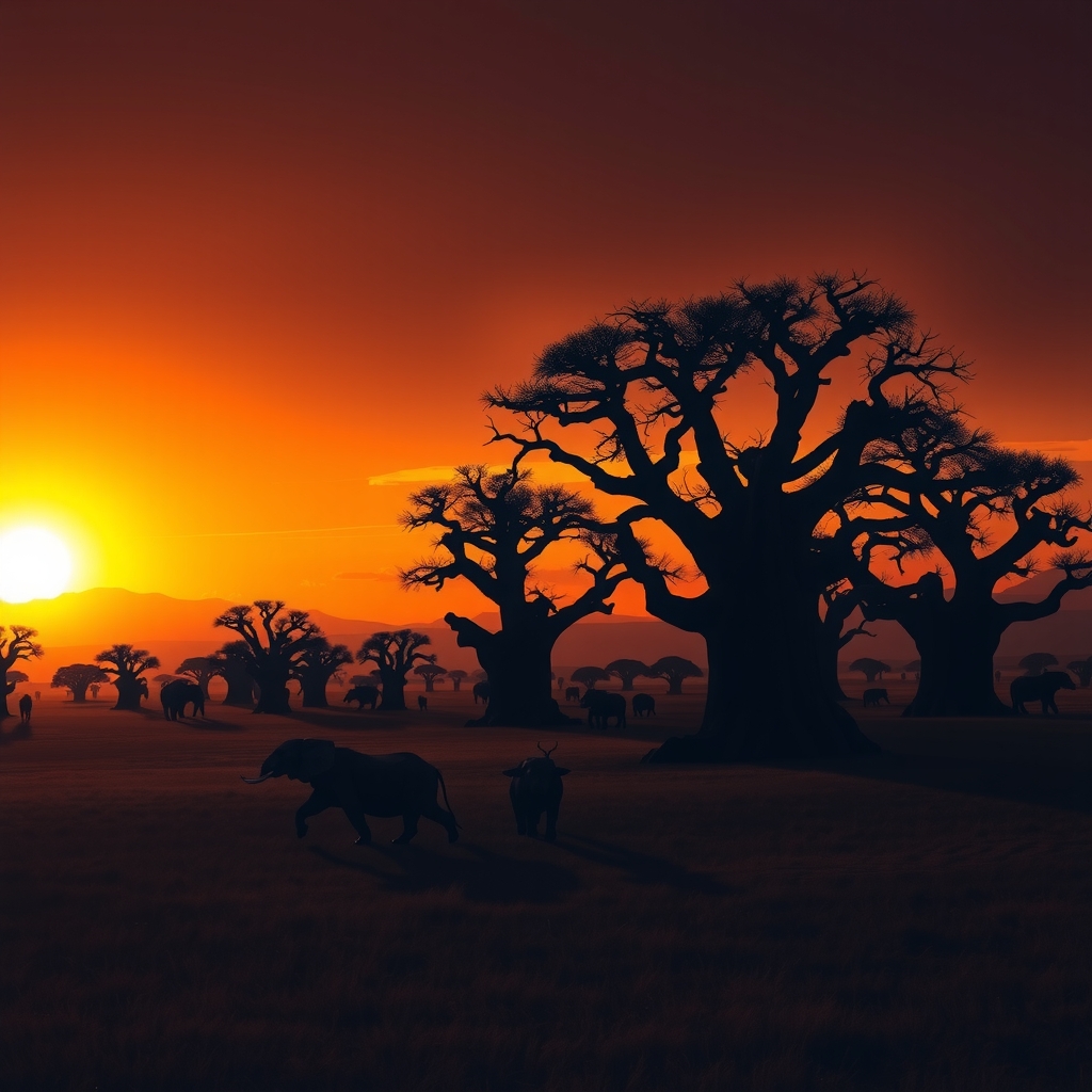 African savanna at dawn with ancient baobab trees