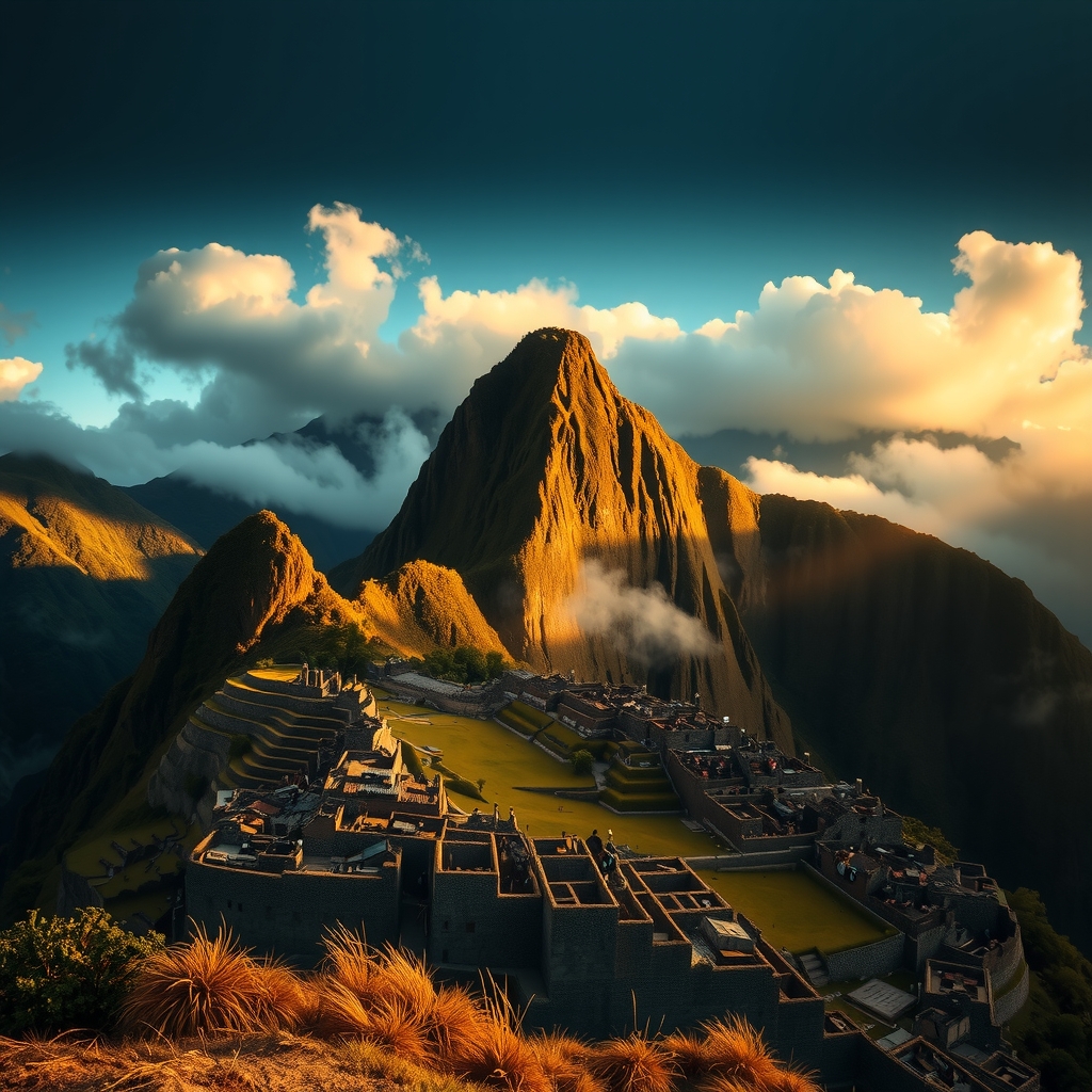Dramatic Andean mountain landscape at sunrise with ancient Inca stonework